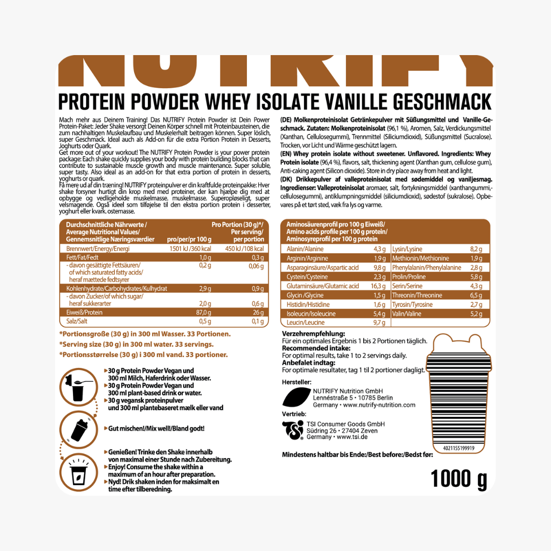 NUTRIFY Proteinpulver Isolat Vanille 1kg