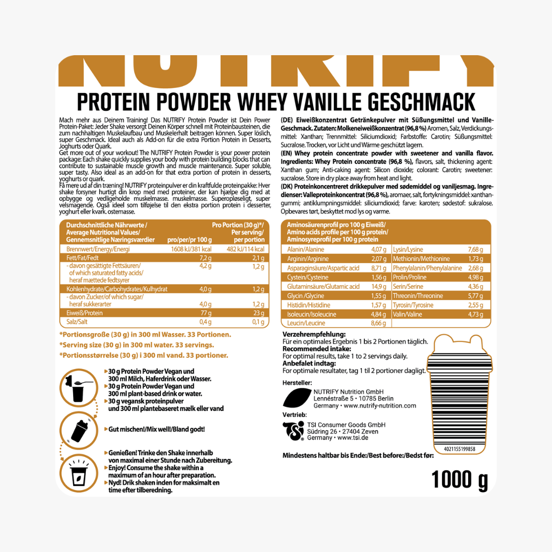 Whey Proteinpulver Konzentrat Vanille 1 kg