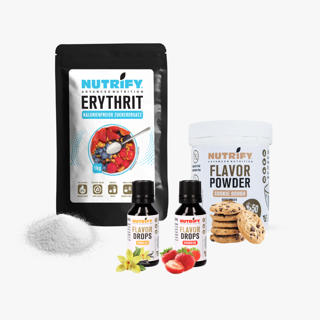 NUTRIFY Zuckerersatz Bundle Set Erythrit Flavor Drops Flavor Powder